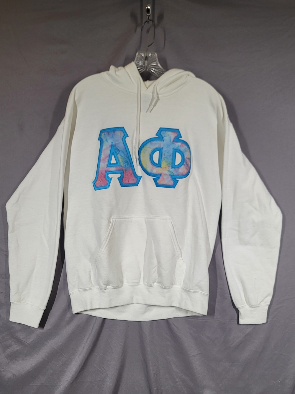Alpha Phi Sorority Hoodie Medium Gildan Heavy Blend White Tie Dye Greek Letters